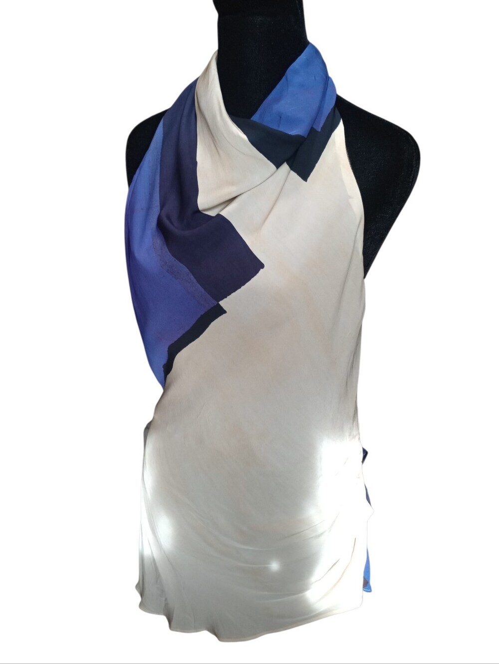 Zara Silk Colorblock Neck Scarf Halter Top,Blue and Cream, Size S/T, NWT